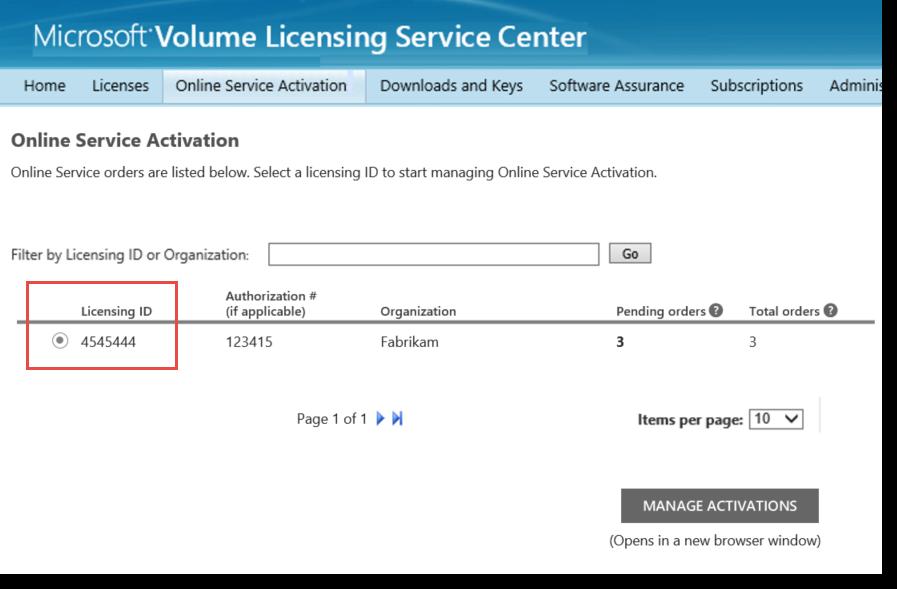 On the Online Service Activation page, select the Licensing ID for the online service that you want to activate.
