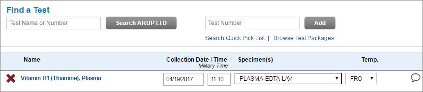 Specimen Collection Order Entry As you enter each test, you will enter the specimen collection information. The Test Name is displayed and may not be changed. 1. Collection Date / Time.