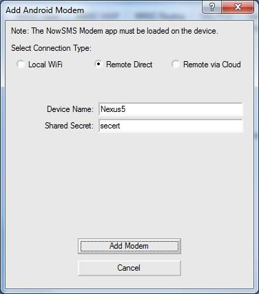 Remote Direct Mode In Remote Direct Mode, the Android device is configured to maintain a constant connection to the NowSMS server, using WiFi or cellular data.