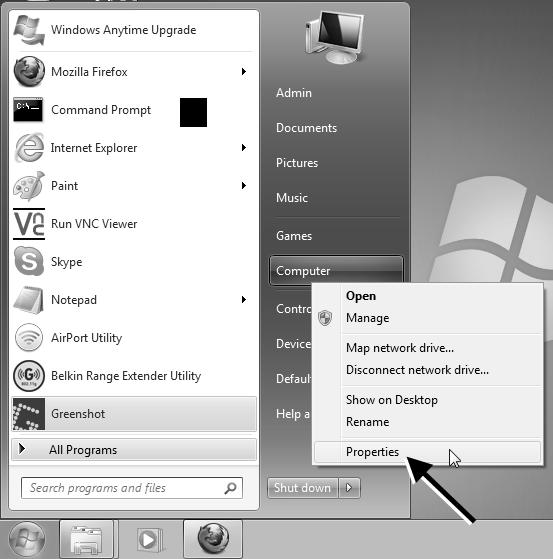 Right click either the Computer or the My Computer option in the Start menu (depending on your version of