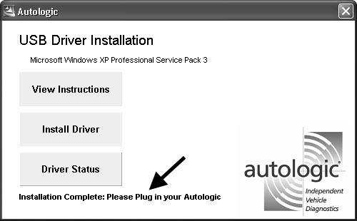 The USB Driver Installation window shows the Installation Complete: Please Plug in your Autologic message at the bottom of the window. 7.