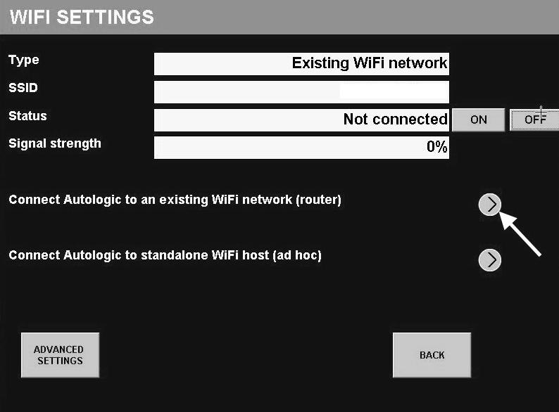 The WIFI SETTINGS screen appears. 6. Select the Connect Autologic to an existing WiFi network (router) option. The WIFI ACCESS POINT SETTINGS screen appears. 7.
