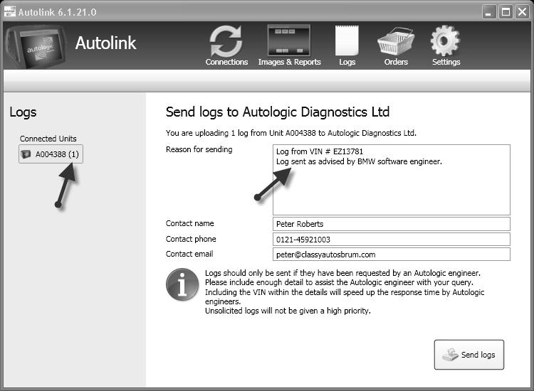 N NOTE: If no data logs are stored on the Autologic connected to your PC a message appears No logs found on unit Axxxxxx (where xxxxxx is the serial number of the unit). 3.
