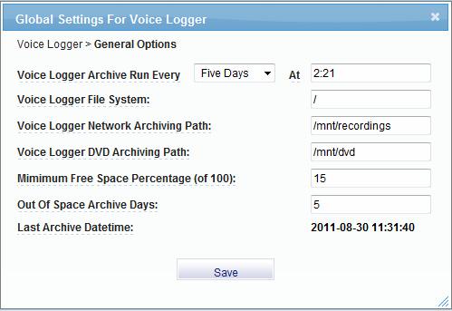 Voice Logger > General Options Selecting Voice Logger > General Options from the Web Config Main Menu opens the screen that sets Voice Logger Archiving parameters for your system.