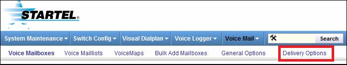 Configuring Global Delivery Options The Delivery Options link on the Voice Mail sub-menu bar is used to access and configure a set of global Delivery parameters for Voice Mailboxes.