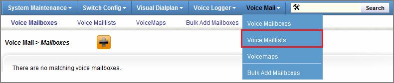 Voice Mail > Voice Maillists Selecting Voice Mail > Voice Maillists from the Web Config Main Menu opens a screen for a feature that is currently under development and not available at the time of