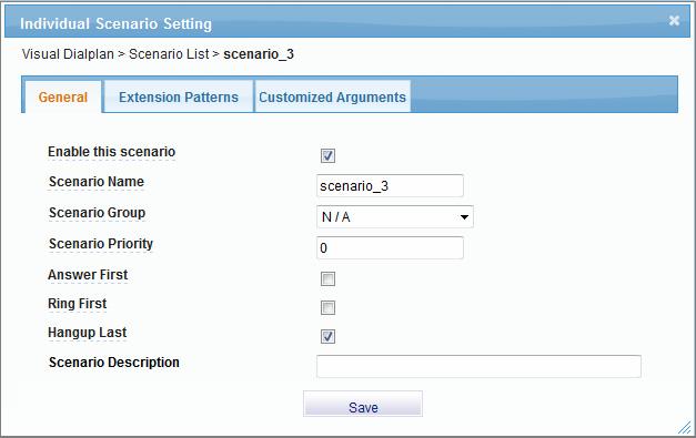 Step1: Configuring General Scenario Settings Follow these steps to start defining a Scenario for your system: 1 Select Visual Dialplan > Scenario List from the Web Config Main Menu.