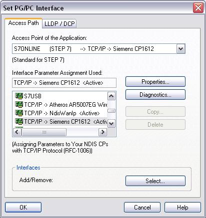 Select S7ONLINE (STEP7) as access point of the application and TCP/IP -> network card used as interface