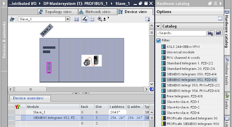. Drag the SIEMENS telegram 35, PZD-6/6 from the catalog to the table area of the network view.