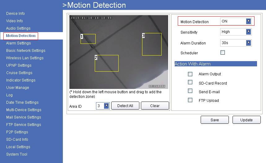 Motion Detection Zone Armed: Can set all zones to be armed, or a specified zone to be armed.