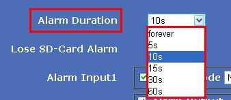8 Alarm Duration: Set external alarm output duration (Relay close time), can be Forever, 5s,