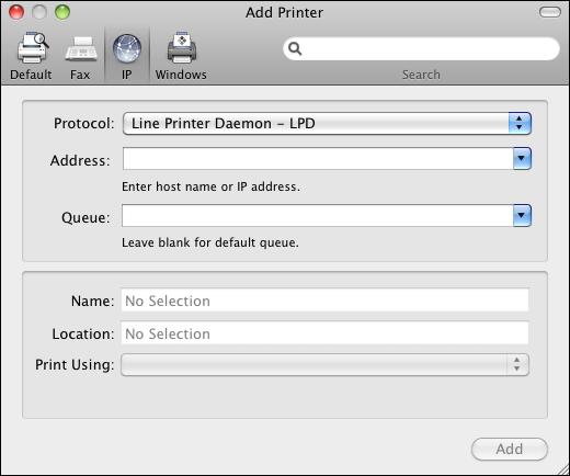 MAC OS X 15 TO ADD A PRINTER WITH THE IP PRINTER CONNECTION 1 Click the IP icon in the dialog box.