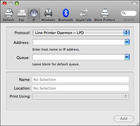 MAC OS X 18 TO ADD A PRINTER WITH THE IP PRINTER CONNECTION 1 Click the IP icon in the dialog box.