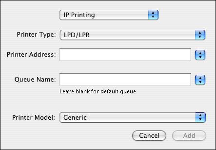 MAC OS X 25 TO ADD A PRINTER WITH THE LPD/LPR CONNECTION 1 Select IP Printing from the list. 2 Select LPD/LPR from the Printer Type list. 3 Type the E100 IP address in the Printer Address field.