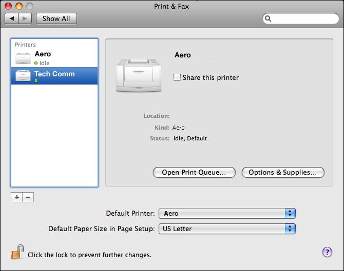 MAC OS X 28 Selecting the E100 in the Printer List Before you print a job, you must select the E100 from the Printer List. Use the following procedure to select the E100 as your default printer.