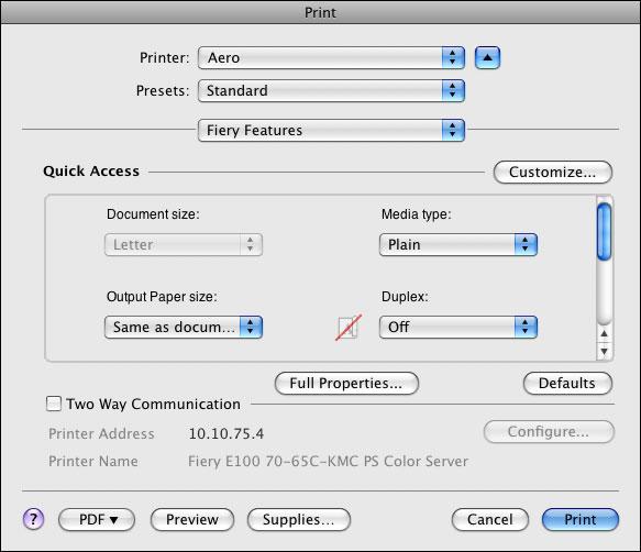 MAC OS X 30 The following procedure explains how to use the printer driver to specify print options for a particular job and print it to the E100. For information about print options, see page 67.