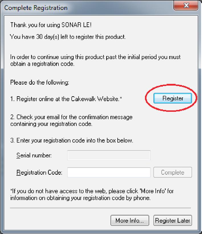 How to register We request you to register for SONAR LE to distinguish authorized users. The software cannot be used without registration. Registering SONAR LE 1.
