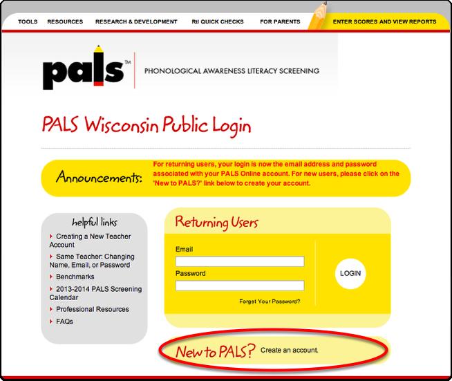 New or Returning? To create a new teacher account, click "New to PALS?