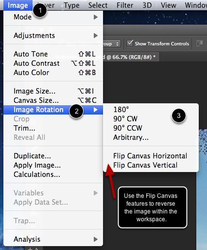 Rotating Images To rotate an image quickly in Photoshop, from the Photoshop Menu select (1) Image > (2) Image Rotation.