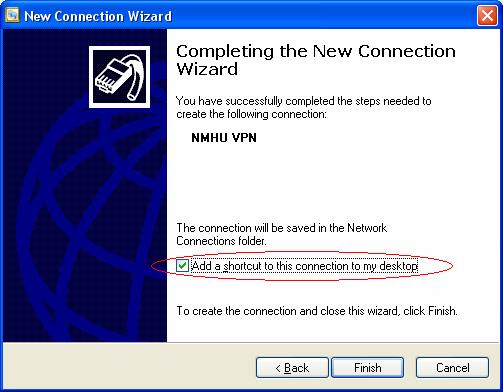 8.) Double-click the Icon you have just placed on your desktop using the new connection wizard. This will open up the Connect NMHU VPN network connection dialog box. 9.