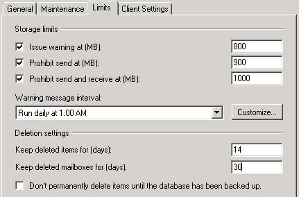 3 Configuration of the Exchange Server 2010 2. Create a storage group and a database for VIP users. Limit the mailbox size to 1000 MB. A warning mail is sent when a mailbox reaches 800 MB.
