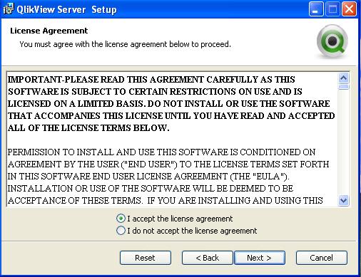 Enter the user information for QlikView Server. All files will be installed within the specified folder location.