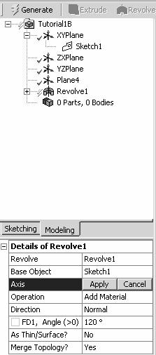 Solid Modeling Fundamentals 1-15 Figure 1-21 Select the sketch. 4. Be sure Sketch1 is highlighted and click Revolve. 5. Click Axis > Select the Y axis > Apply 6. Select Angle > Enter 120 deg.