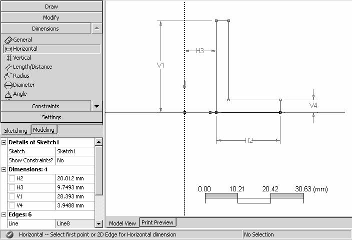 1-8 Solid Modeling Fundamentals Continue with general dimensioning to specify H2 and V4. Don t dimension the top edge; it has to be equal to V4.