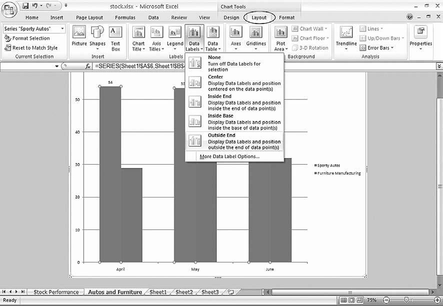 Lab 6: Spreadsheet Concepts: Creating Charts in Microsoft Excel 137 Adding Data Labels Sometimes charts are difficult to read, and it may be important to know the exact value for each data point.