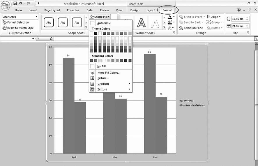 140 Computer Skills Workbook for Fluency with Information Technology, Third Edition Figure 6.16 Excel Format Chart Area fill color. Click a color from the Color Palette to color the entire chart area.