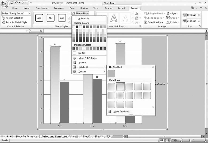 Lab 6: Spreadsheet Concepts: Creating Charts in Microsoft Excel 141 Figure 6.17 Excel Shape Fill Gradient options.