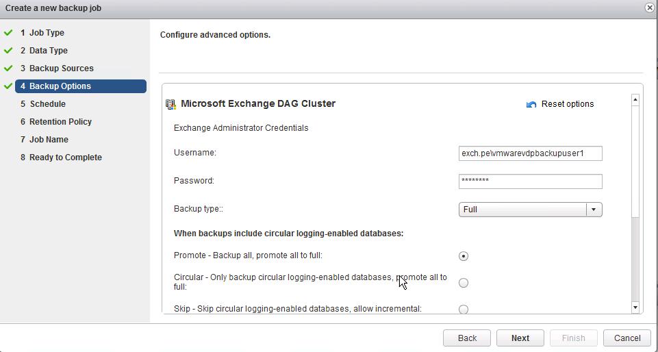 5. In Backup Options, enter the credentials for the Exchange