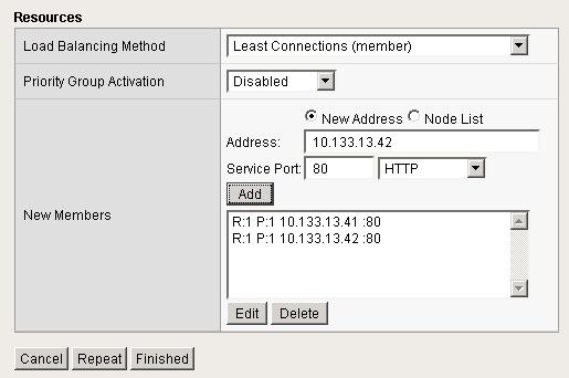 In our example, we select Least Connections (member). Note: If you are running multiple applications on the same physical WebSphere application server, we recommend you use Least Connections (Node).
