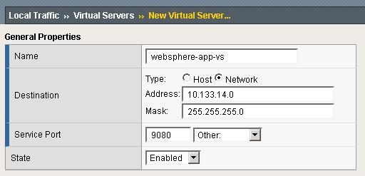 5. In the Netmask box, type the appropriate netmask. In our example, we type 255.255.255.0. 6. In the Service Port box, type 9080. Figure 3.3 Creating the network virtual server 7.