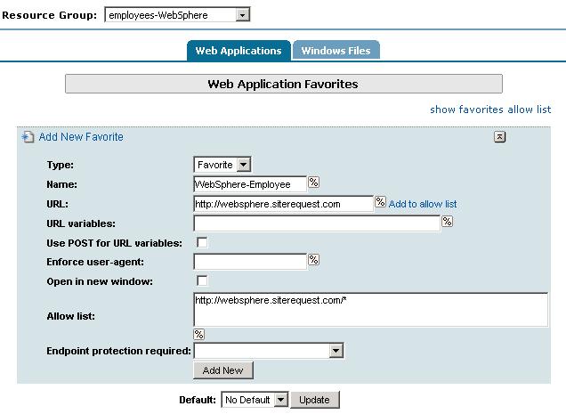 Deploying the FirePass controller with IBM WebSphere 7 Figure 4.2 Adding a Web Application Favorite to the Employee group Creating the Master groups 11.