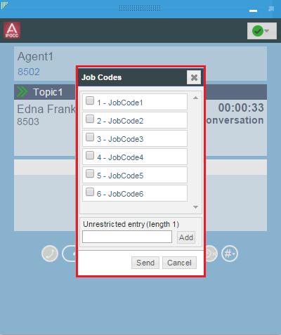 Job Codes Agent can send Job Codes, by clicking on the Job Code button. After clicking on the button, the agent will see a pop-up as shown below.