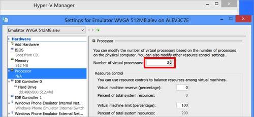 virtual machine is Emulator WVGA 512MB), open the virtual machine configuration settings, and change the number of