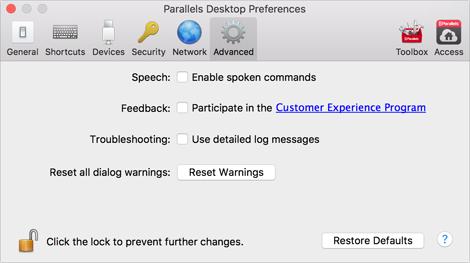 Advanced Topics Advanced Preferences In the Advanced pane of Parallels Desktop Preferences, you can configure some additional settings.