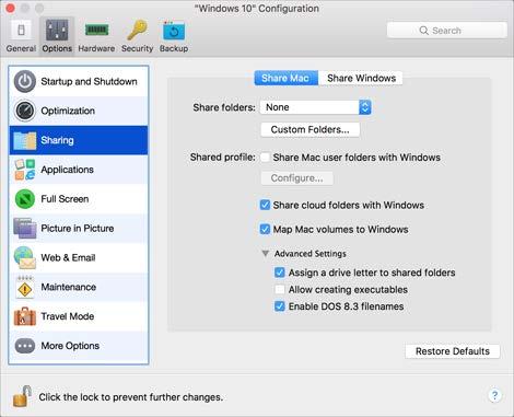 Use Windows on Your Mac 3 Click Options and select Sharing > Share Mac.