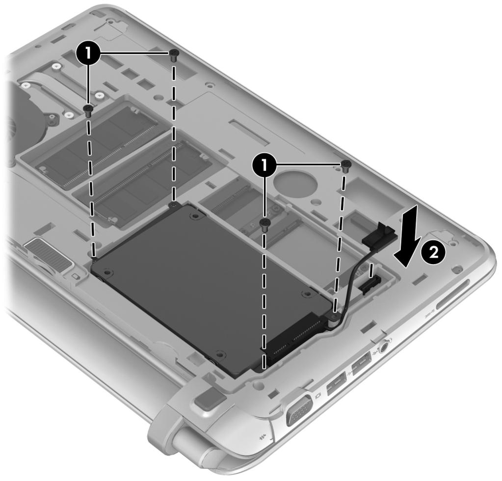 Chapter 3: Upgrading and routine care 2. Insert and tighten the four hard-drive screws 1, and connect the hard-drive connector 2. 3. Reinstall the service cover by inserting the cover at an angle 1.