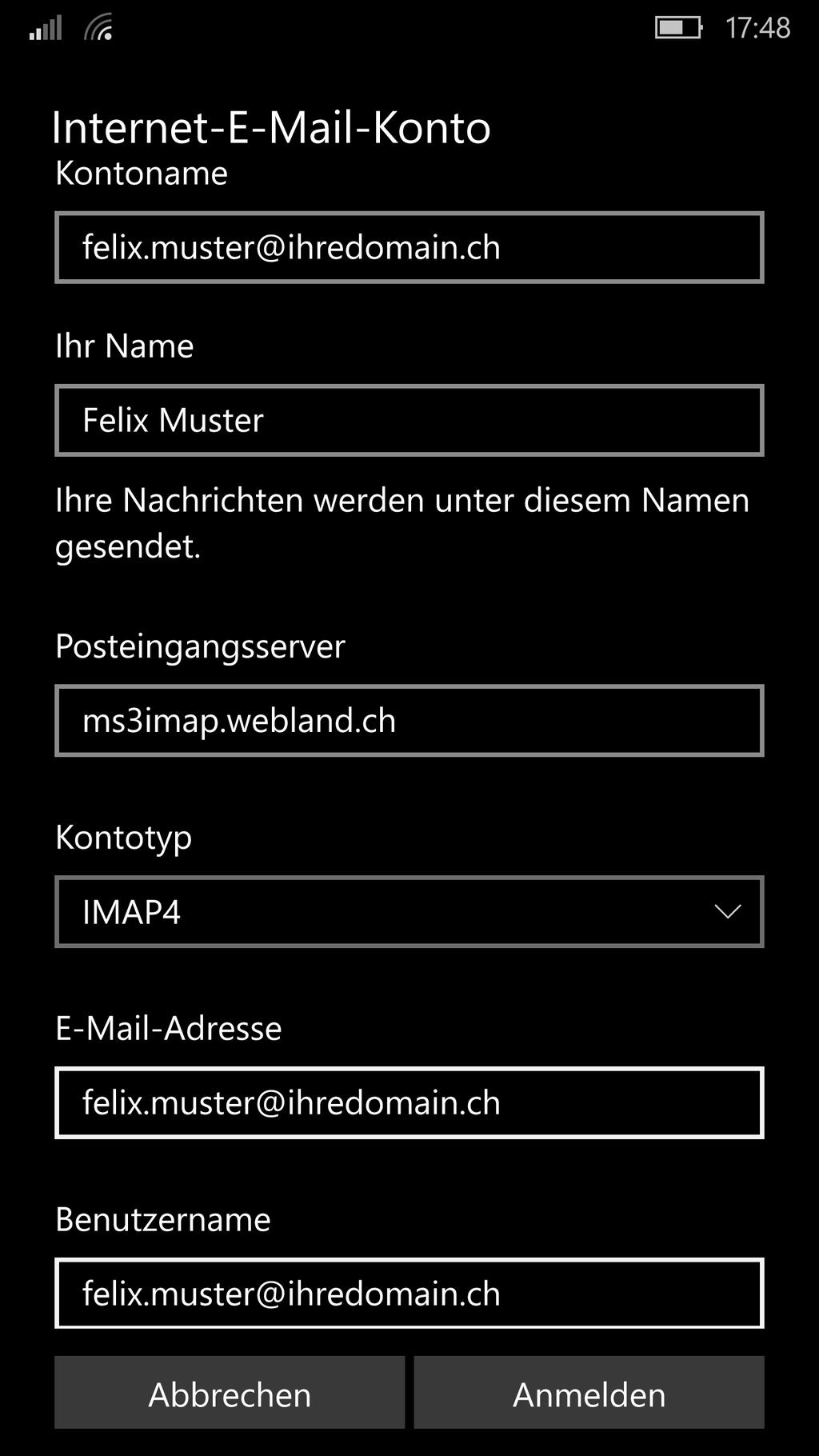 Under Account name and Your name enter your name (selectable). Under Incoming mail server enter ***imap.yourdomain.ch (replace ***imap.yourdomain.ch with your server address, e.g. ms3imap.webland.