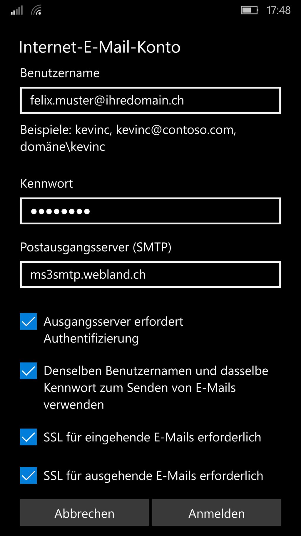 You have already filled out the Username field. Under Password, enter the password that you assigned to the account. Under Outgoing mail server (SMTP) enter ***smtp.ihredomain.ch (replace ***smtp.