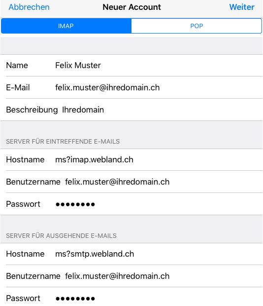 Select IMAP. The input fields Name, E-mail and Description are already filled out. Under Incoming mail server enter ***imap.yourdomain.ch (replace ***imap.yourdomain.ch with your server address, e.g. ms3imap.