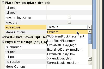 Customizing Implementation Strategies X-Ref Target - Figure 1-13 Figure 1-13: Edit Implementation Steps 8. Click the right-side column of a specific option to modify command options.