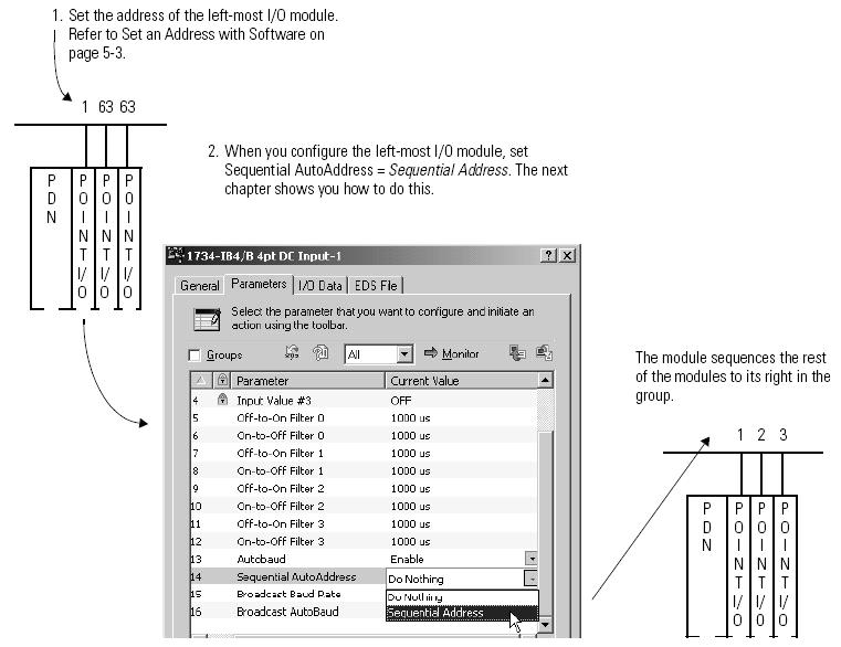 Configure the Module for a SmartGuard Controller Chapter 6 A. Set the address of the leftmost I/O module. B.