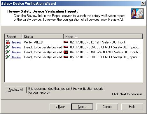 Configuring Safety Connections between a GuardLogix Controller and POINT Guard I/O Modules on a DeviceNet Network Chapter 7 Review the Safety Device Verification Reports The Review page displays