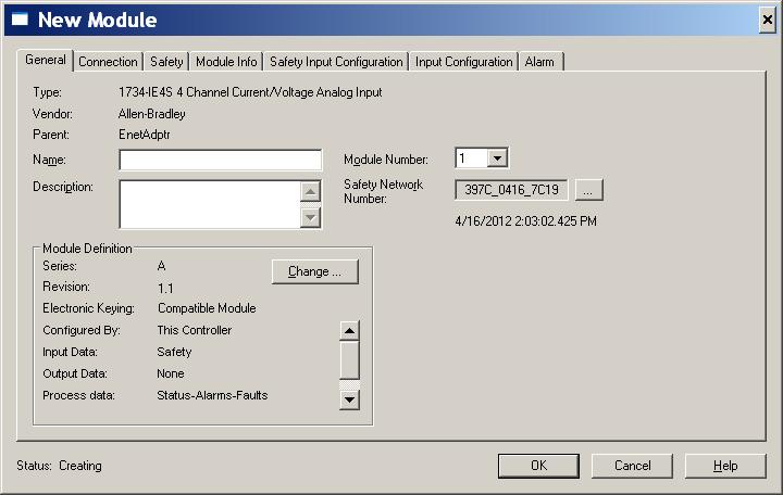 Configure the Module in a GuardLogix Controller System Chapter 5 3. Specify the general properties of the module. a. In the Name field of the New Module dialog box, type a unique name for the analog input module.