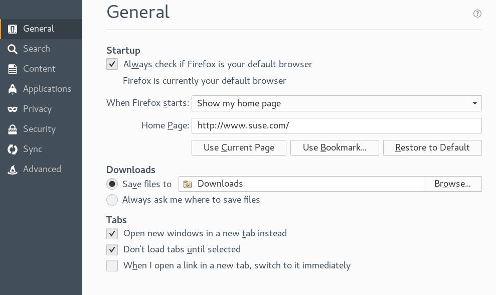 FIGURE 14.5: THE PREFERENCES WINDOW 14.7.1.1 Session management By default, Firefox automatically restores your session windows and tabs only after it has crashed, or after a restart because of an extension.