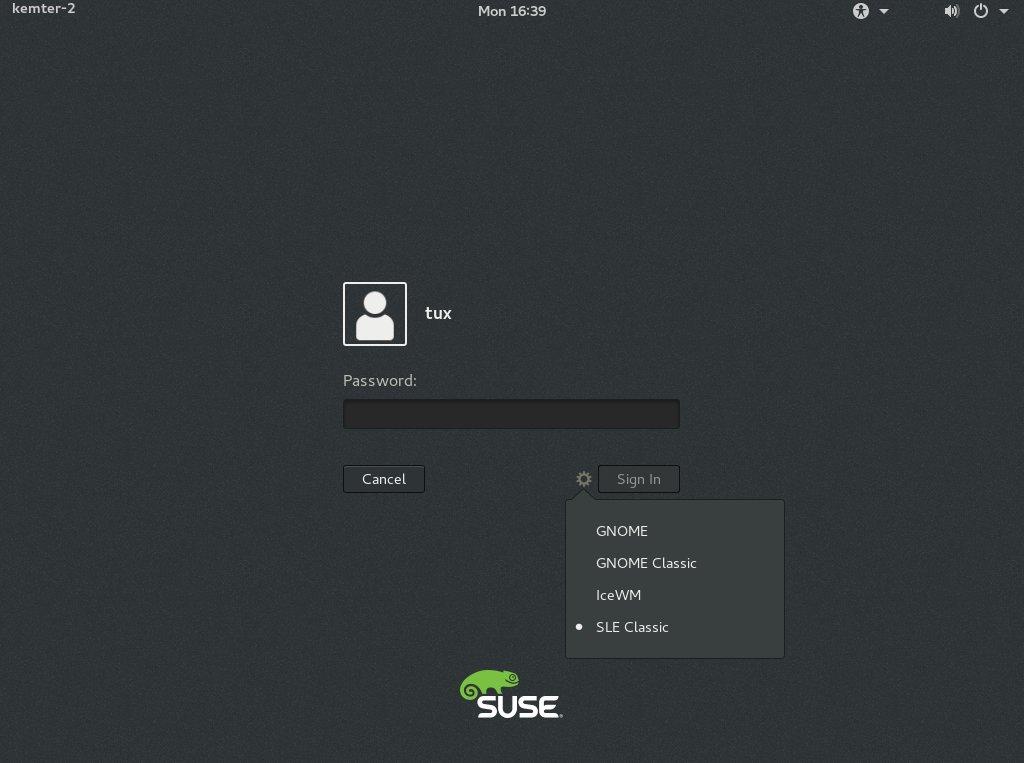 FIGURE 1.2: GNOME LOGIN SCREEN SESSION TYPE 3. From the menu, select one of the entries. Depending on your configuration there may be different choices, but the default selection is as follows.
