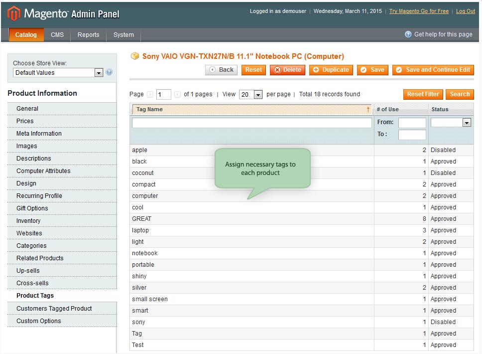 13. Import Product Tags: Export/Import Catalog manage products Assign